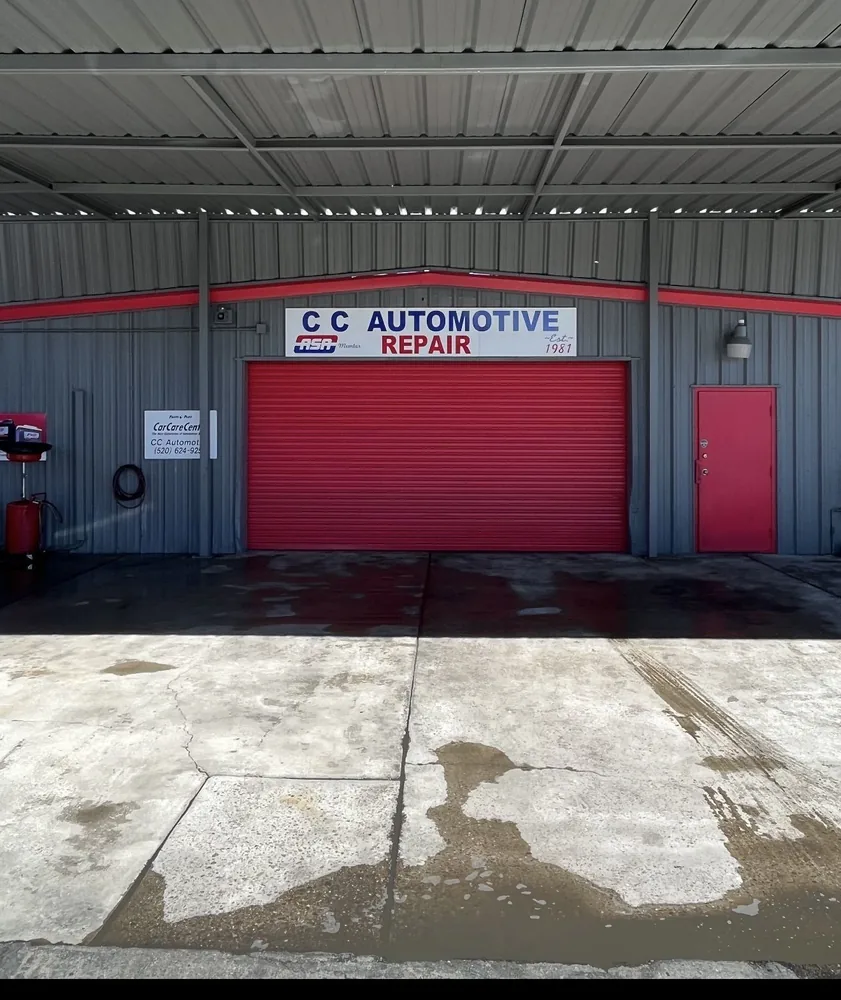 C.C. Automotive Repair red bay door and sign
